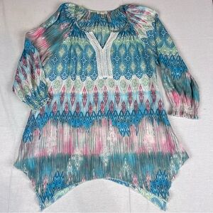 Spense Women’s M Bohemian Babydoll Tunic  Lightweight Teal Pink & White